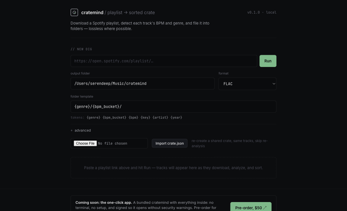 The cratemind local audio-analysis interface